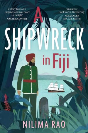 A man with a turban on his head standing, looking out to sea, a ship out at sea