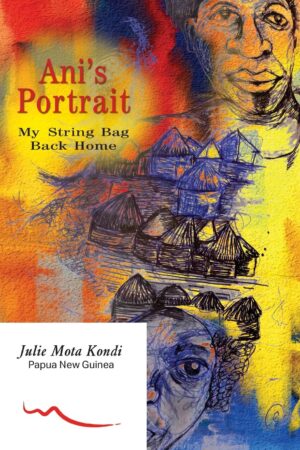 Picture of string bag and face on a yellow, red and blue background