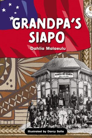 Samoan Flag, A house and men sitting and standing in front of the house.