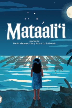 Blue background with a girl standing on the beach