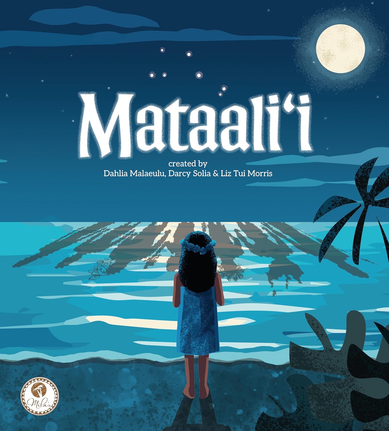 Blue background with a girl standing on the beach