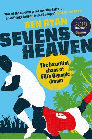 black figure with white clothes, another black figure red and white clothes, blue background, green trees