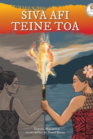 Two women holding one fire knife, looking at each other