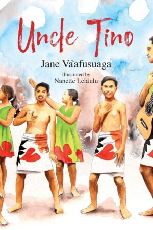 Girls in green dresses, boys in white and red printed sulu, an older man with a guitar