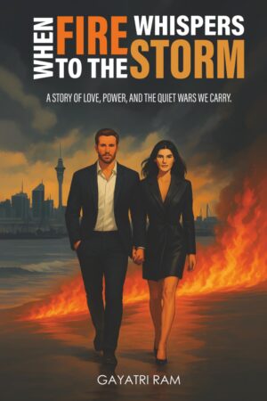 A man and woman walking away from the city behind them, with flames